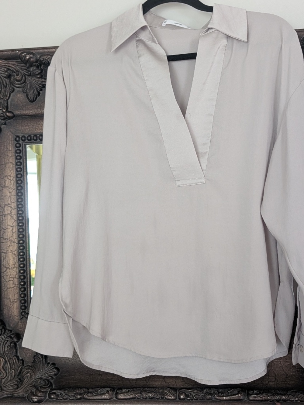 MNG Blouse. MNG from Mango,  satin cream/light gray, relaxed v-neck popover
